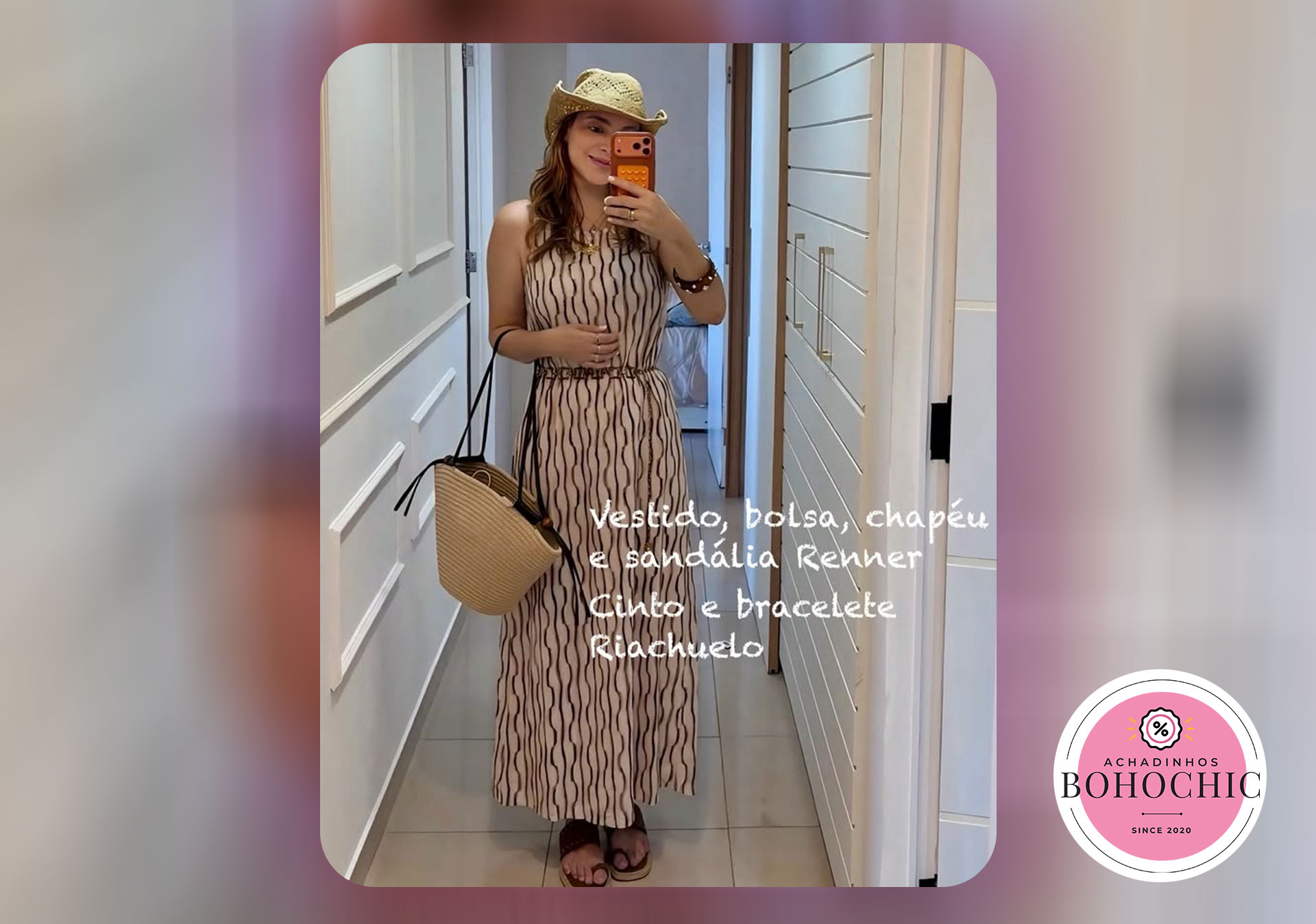 look praia 2026 vestido bolsa chapéu e sandália renner Cinto e bracele Riachuelo Achadinhos Bochochic