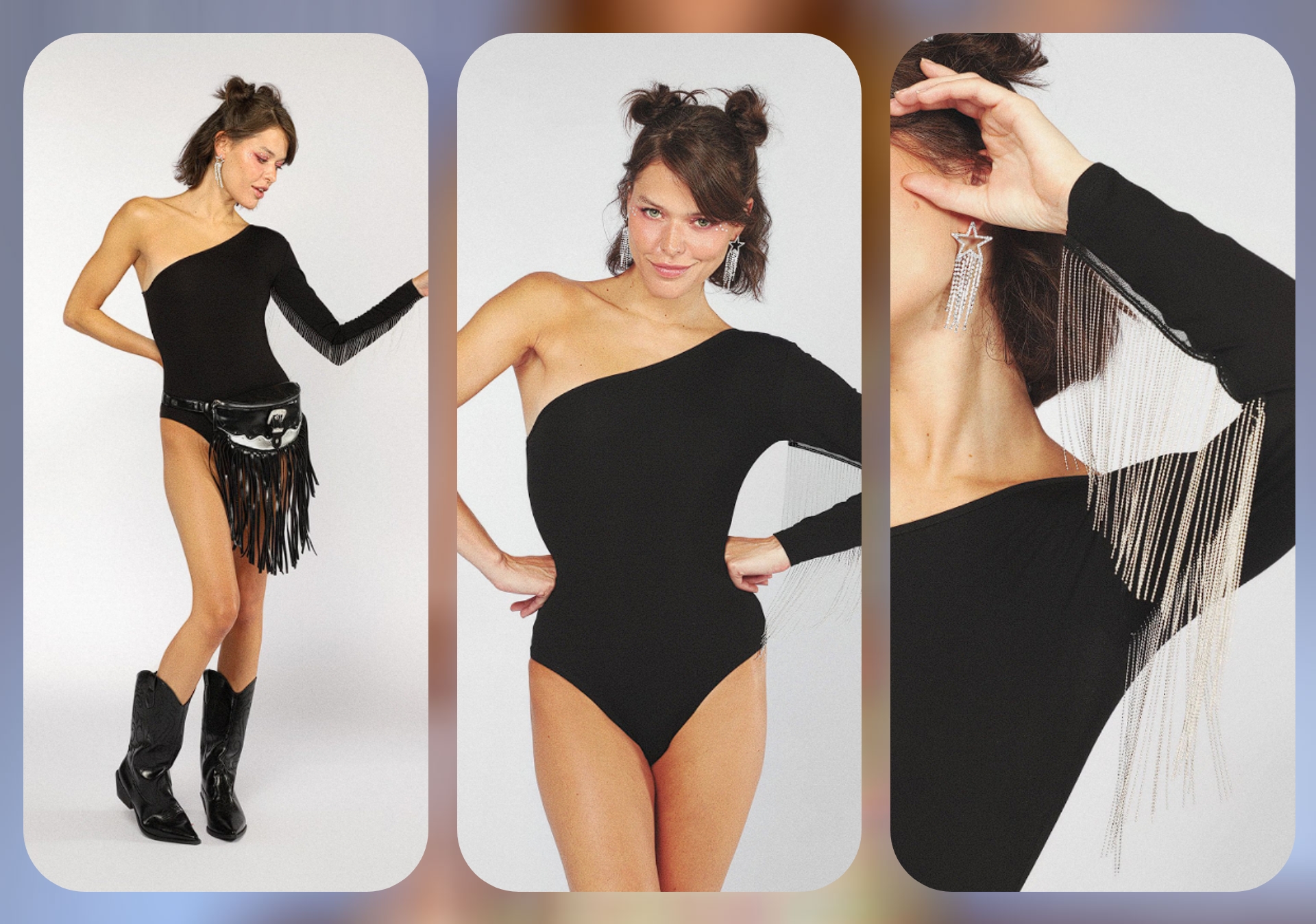 Body feminino um ombro só com franja metalizada - preto - Riachuelo - Achadinhos Bohochic