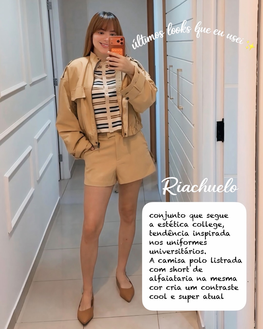 Conjunto bege com estética college