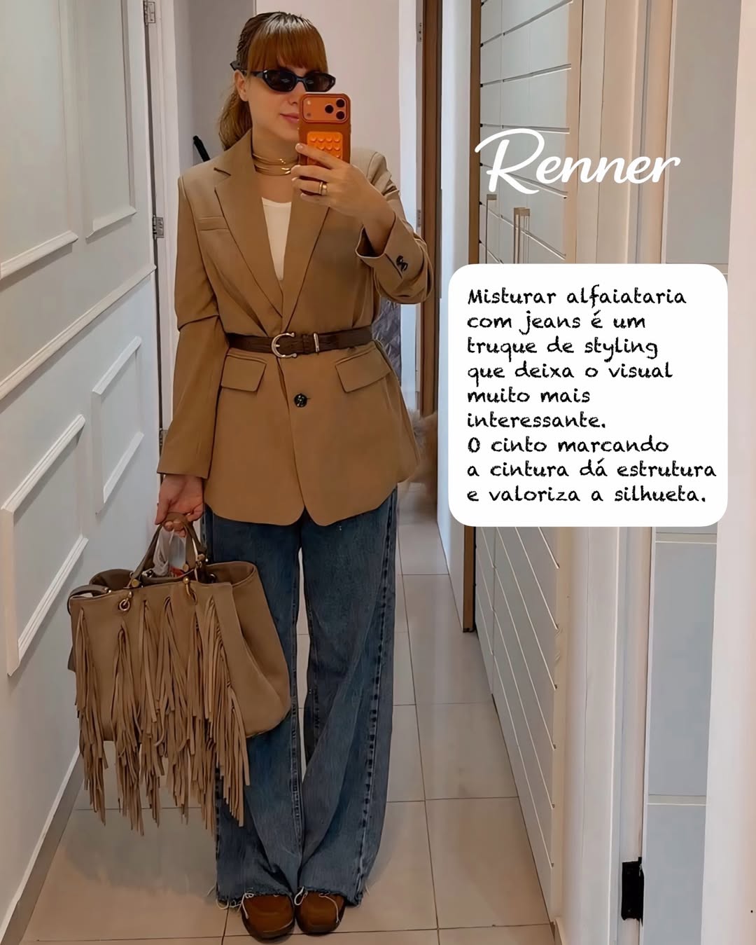 Blazer bege com jeans wide leg Renner